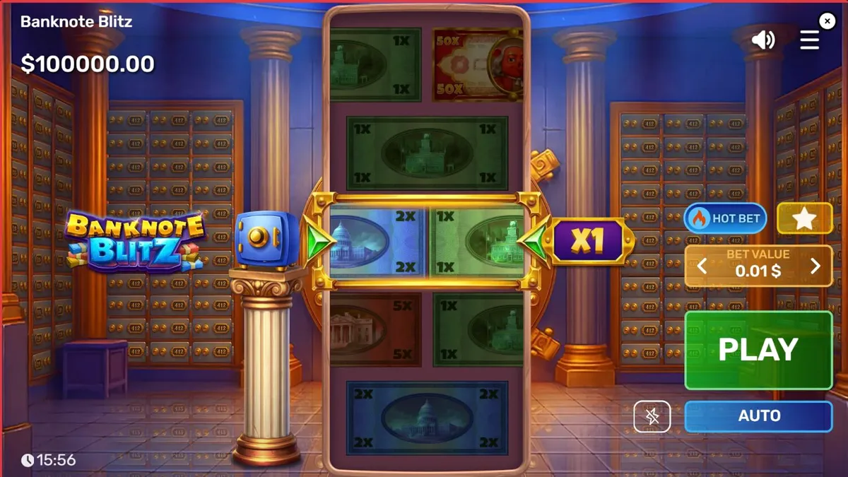 Banknote Blitz slot machine interface na may gintong vault theme at banknotes