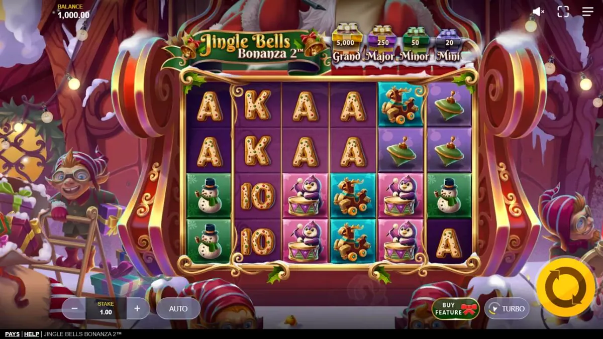Jingle Bells Bonanza 2 slot game interface na may temang Pasko